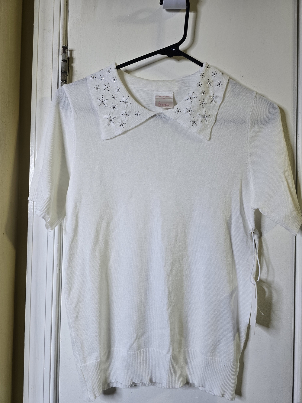 Luna White Short Sleeve Sweater Top with Embellished Peter Pan Collar